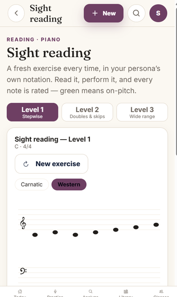 Sadhana AI sight reading — Western staff notation for piano