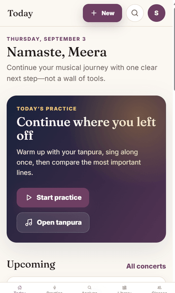 Sadhana AI Today screen — Carnatic practice